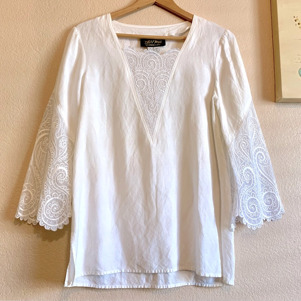 Bob Mackie Wearable Art Designer Tunic Top White Linen Embroidered Lace
